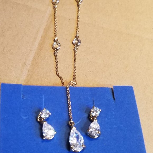 Pear Drop CZ Necklace and Earring Set, Gold tone - Picture 2 of 6